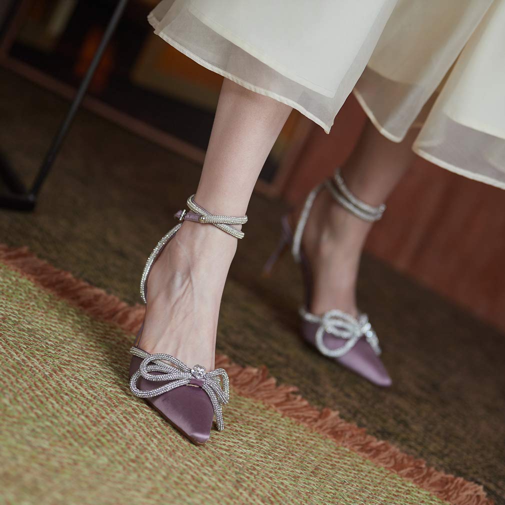 Arqa Rhinestone Bow Heels for Women Pointed Toe Crystal Ankle Strap Slingback Pumps Satin Stiletto High Heel Sandals Wedding Bridal Shoes