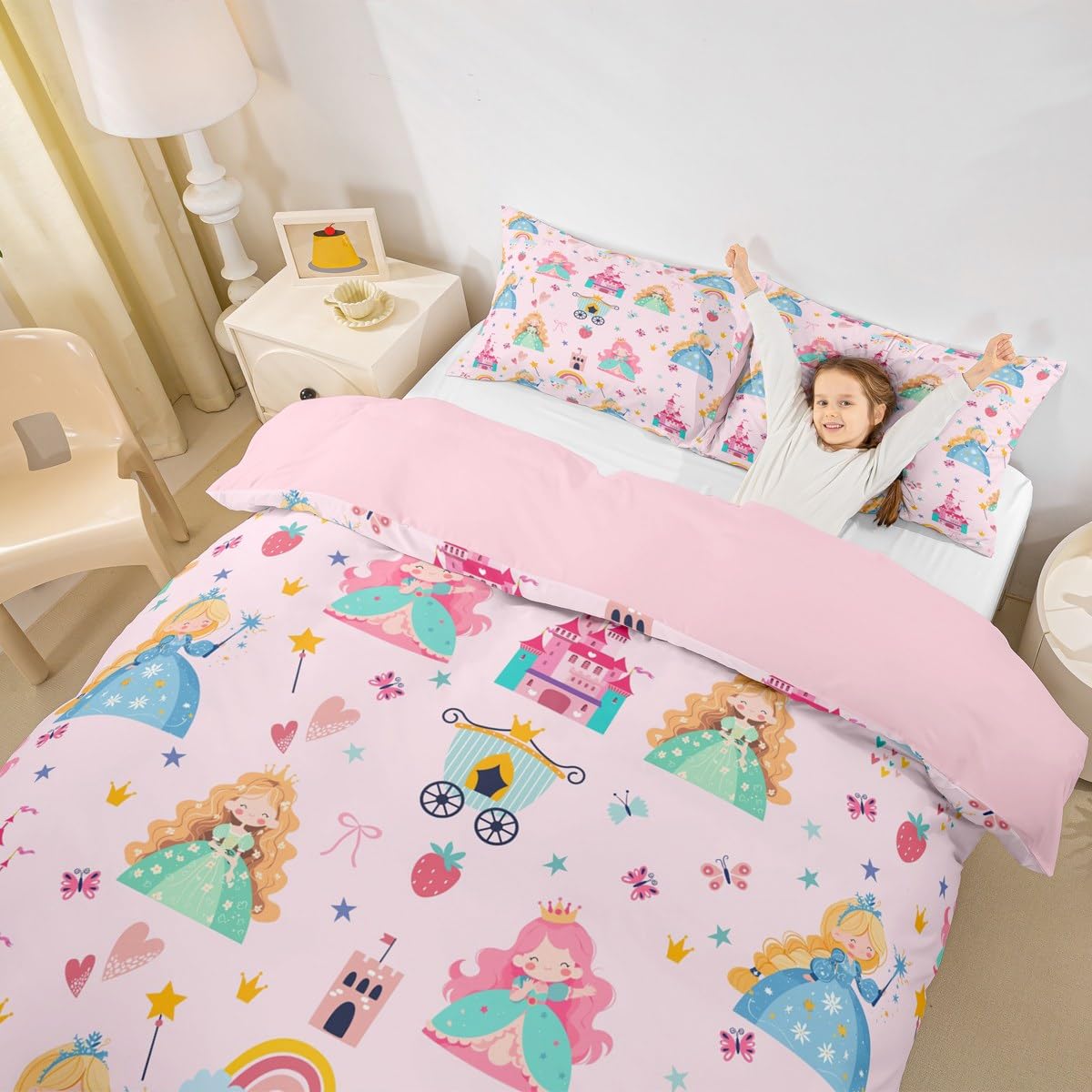 Cute Princess Bedding Set Double Size Kids Pink Castle Strawberry Comforter Cover for Boys Girls Teens Kawaii Cloud Rainbow Duvet Cover Breathable Soft Microfiber Star Print Room Decor