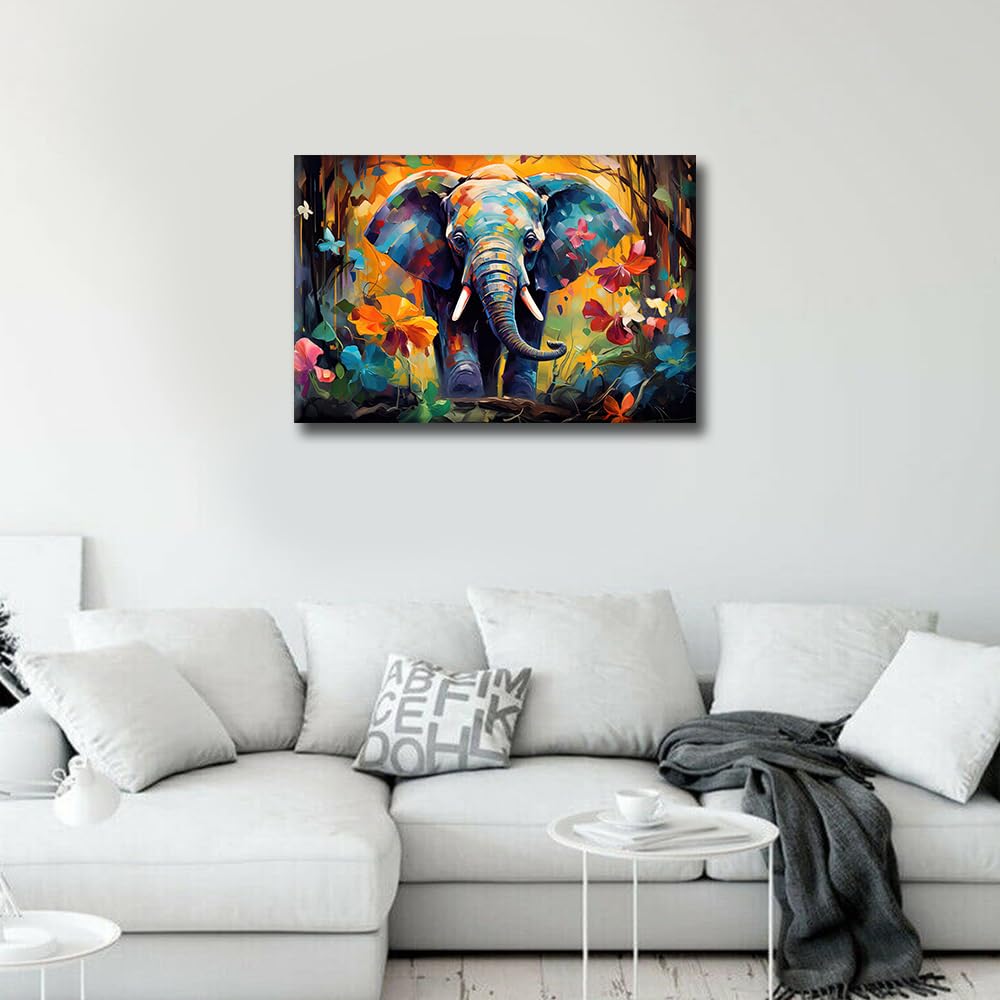 TISHIRON Living Room Wall Decor Elephant Oil Painting Canvas Wall Art Idea for Children Room Wall Decor Poster Wood Framed Prints for Farmhouse Home Decor 16x24 in - Image 3
