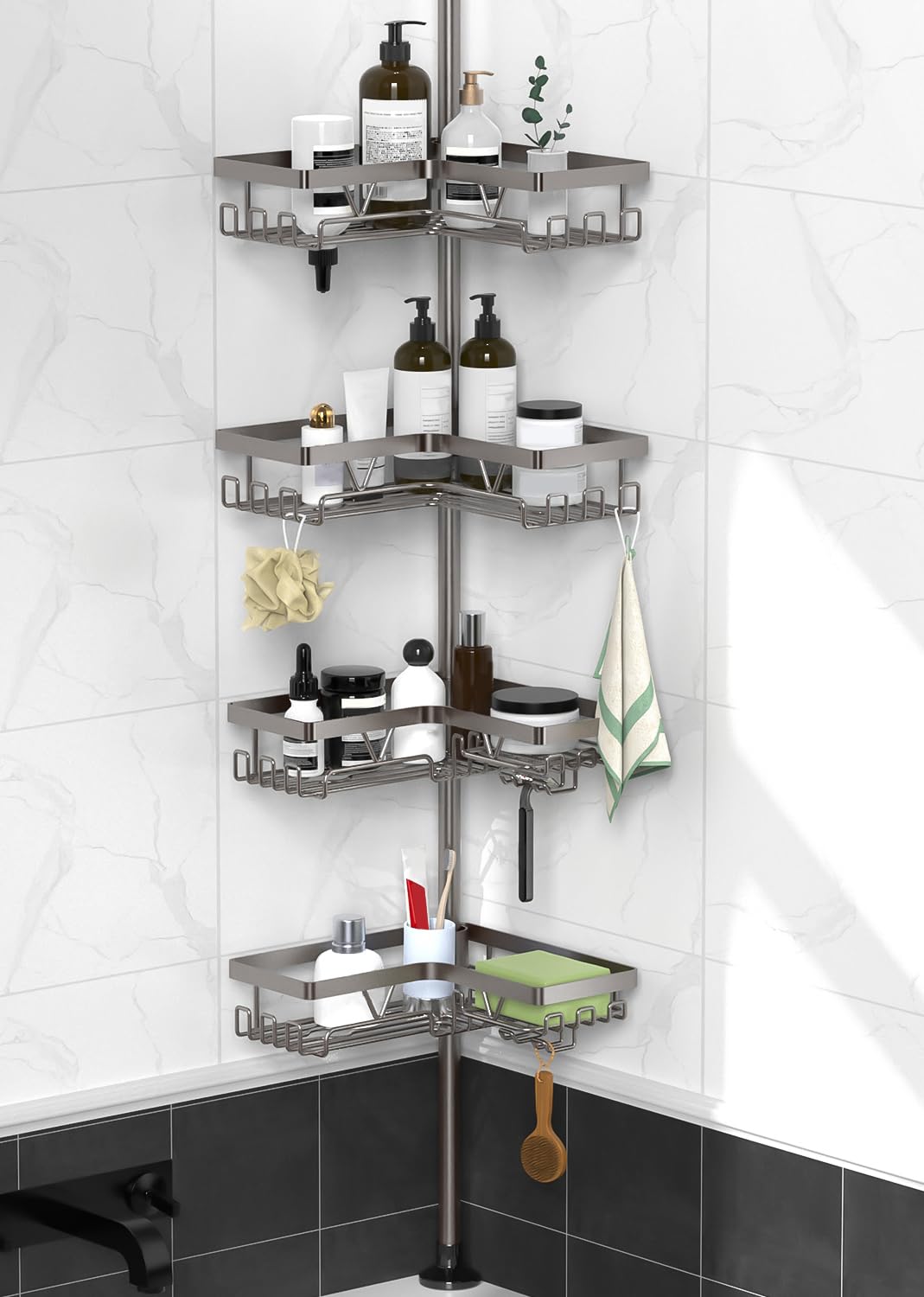 KEGII Corner Shower Caddy Tension Pole with Soap Dish & Razor Holder, Adjustable Bathroom Organizer with Hooks, 25-114.2 Inch Rustproof Storage Shelf for Renters & Apartments, Gunmetal Gray