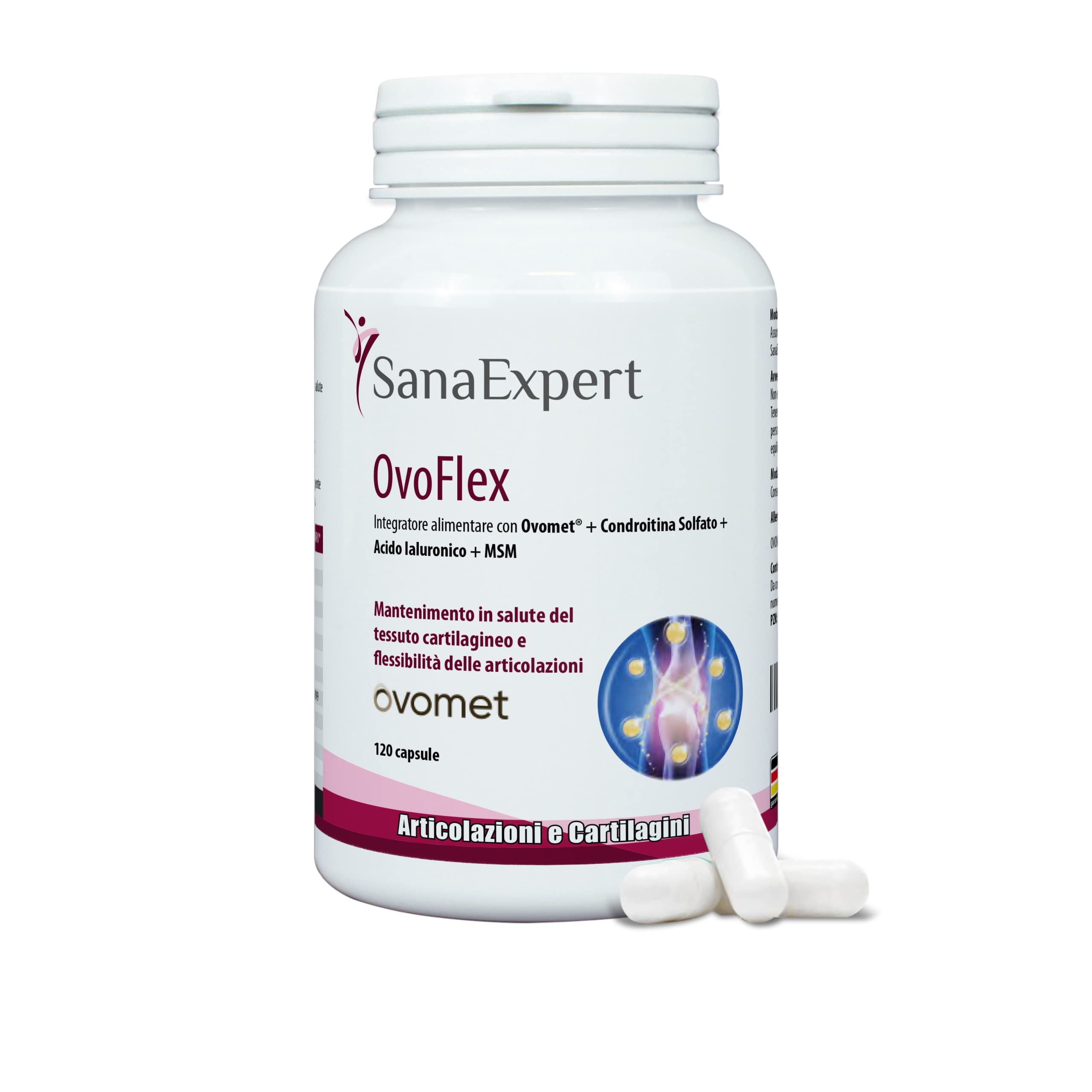 SanaExpert Ovoflex, integratore per le articolazioni con solfato di condroitina, acido ialuronico, vitamina C e OvoMet (120 capsule). Ingredienti 100% naturali. Prodotto in Germania.