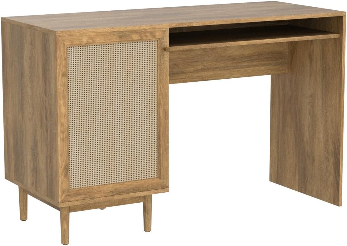 mopio Haylee Boho Farmhouse Writing Desk, with Natural Rattan Exterior Door, Ample Storage, Adjustable Shelves, for Study, Vanity, Makeup, & Work, in Bedroom, Home Office