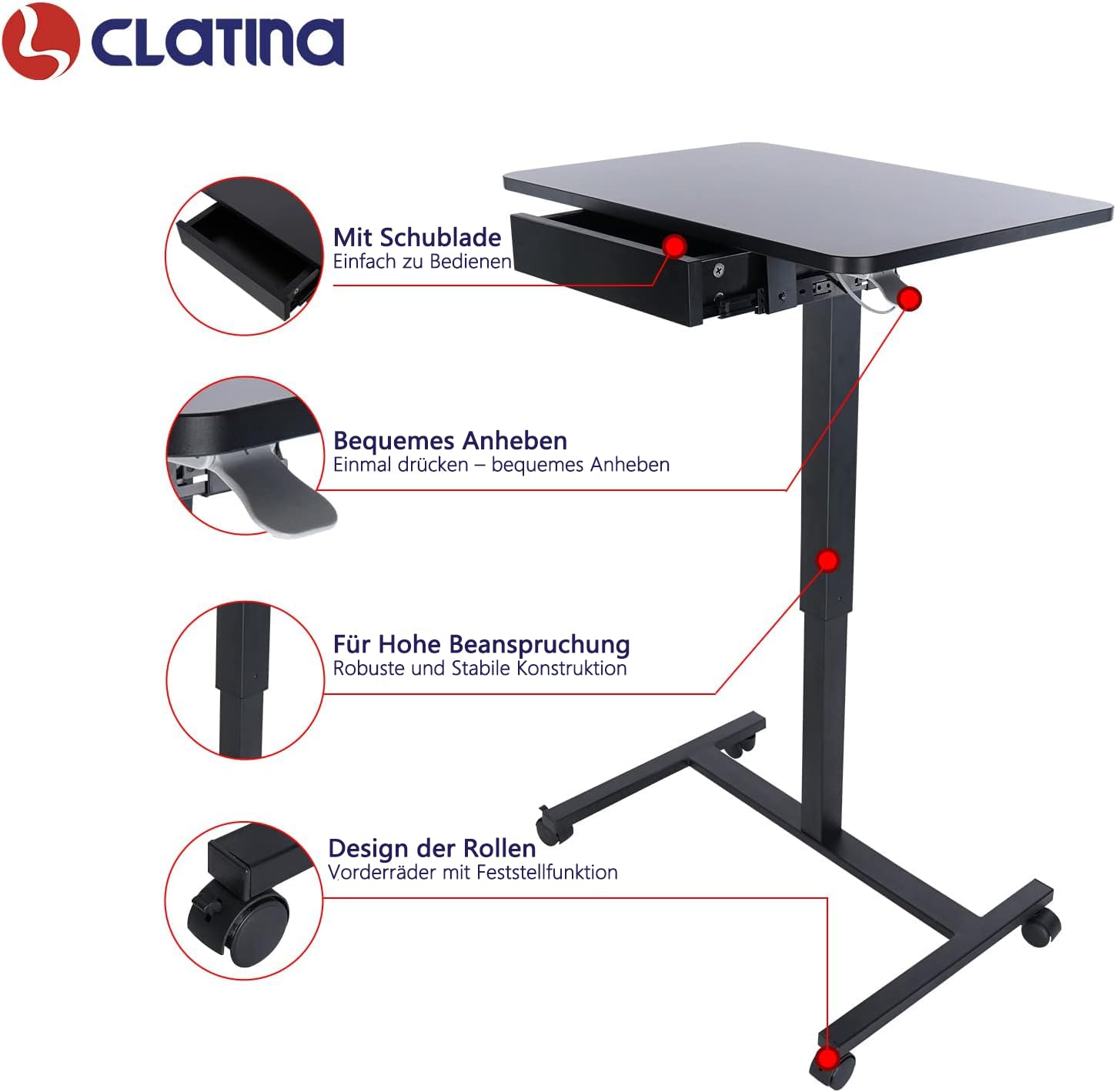 CLATINA Höhenverstellbarer Laptop Tisch mit Feststellrollen Schublade Mobiles Stehpult Überbettisch als Computertisch Arbeitswagen mit Höhenverstellung für Home-Office Seminarraum Schwarz