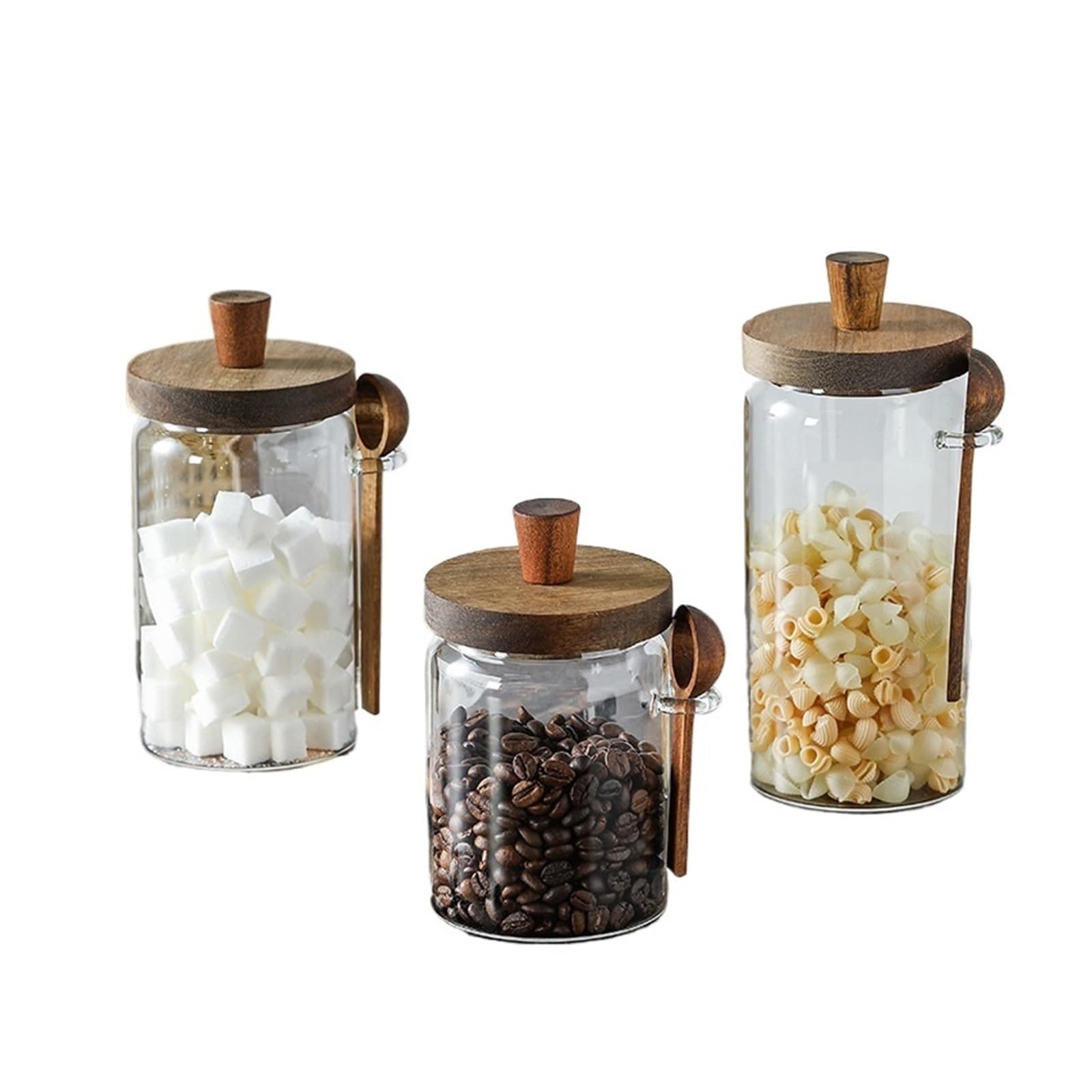 HYFEUOKF 3Pcs Vintage Airtight Glass Jar Kitchen Coffee Bean With Spoon Acacia Wood Lid