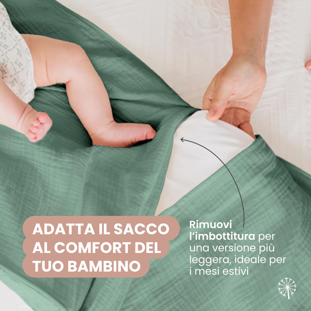 MIMUSELINA Sacco Nanna Neonato Invernale ed Estivo 4 Stagioni | Sacco Neonato Convertibile con Imbottitura Removibile | 100% Cotone | Ideale per Culla, Navicella e Ovetto | Fatto in Spagna | Mint