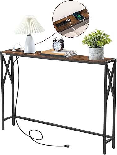 Miniatura 7 de Mesa de sofá estrecha de 39.4 pulgadas con estación de carga, mesa consola delgada, mesa estrecha de entradapasillosofá, para entrada, vestíbulo,