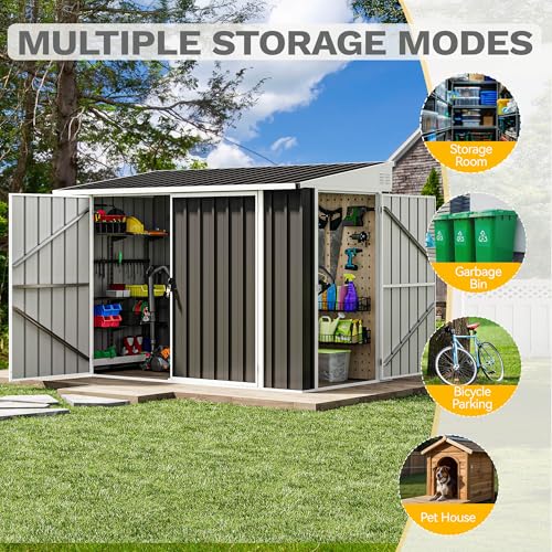 Image of DWVO 7' x 4' Outdoor Storage Shed, Large Metal Tool Sheds, Heavy Duty Storage House with 3 Lockable Doors & Air Vent for Backyard Patio Lawn to Store Bikes, Tools, Lawnmowers, Dark Gray