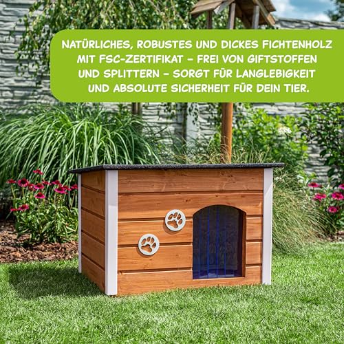 Outentin Hundehütte Outdoor Winterfest - Hundehaus für Mittelgroße Hund - Isoliert und Wetterfest - Hunde Haus für Draußen mit zum Öffnen Flachdach - Stabile und Moderne Villa - 76 x 60 x 60cm -Eiche