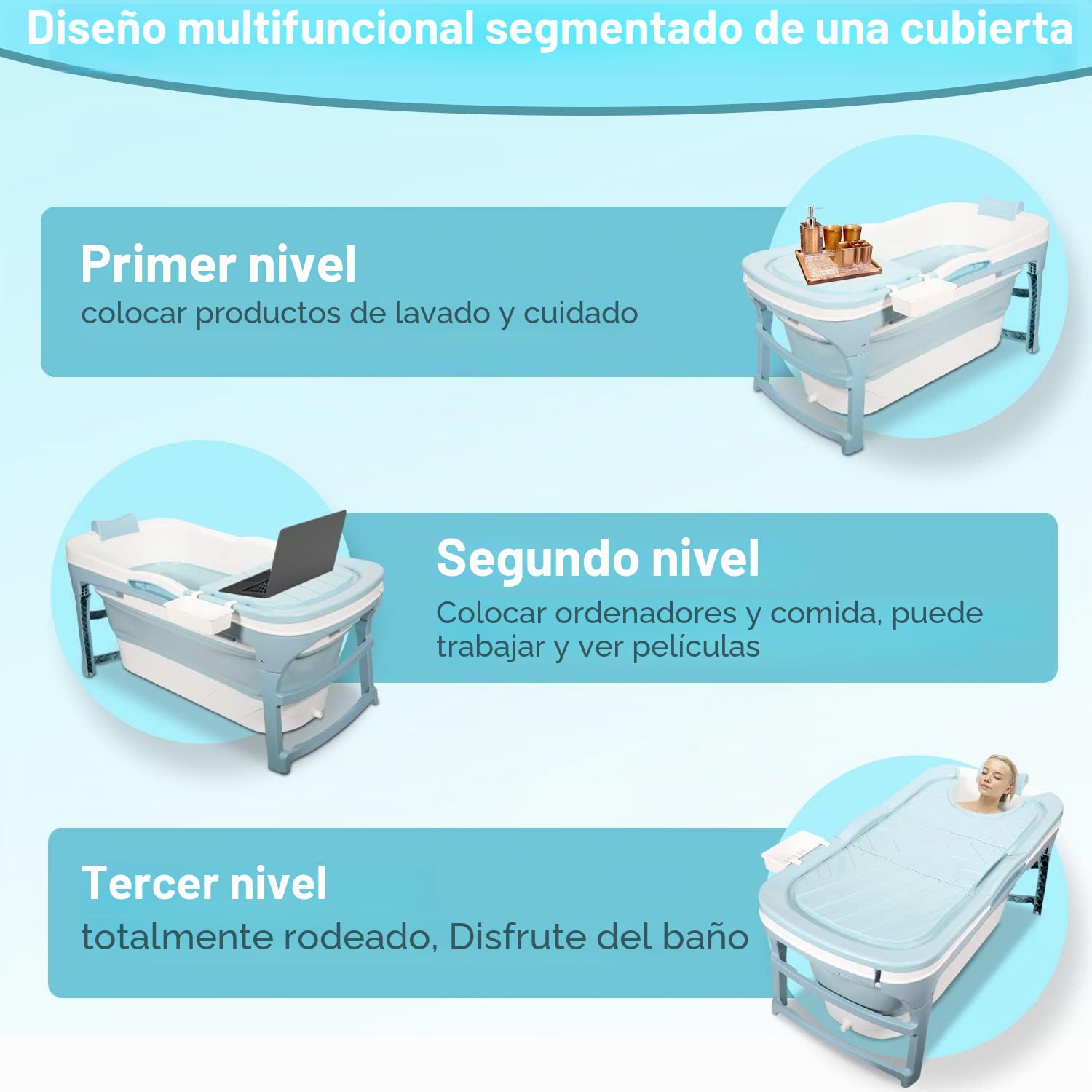 Bañera plegable para adultos, 118 x 60 x 50 cm, bañera móvil plegable portátil con cubierta y cesta de jabón, para baño y ducha - azul