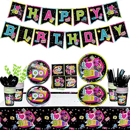 90s Party Supplies - Back to the 90s Party Decorations Set Including HAPPY BIRTHDAY Banner, Plates, Cups, Napkins, Tableware, Tablecloth - Serves 20
