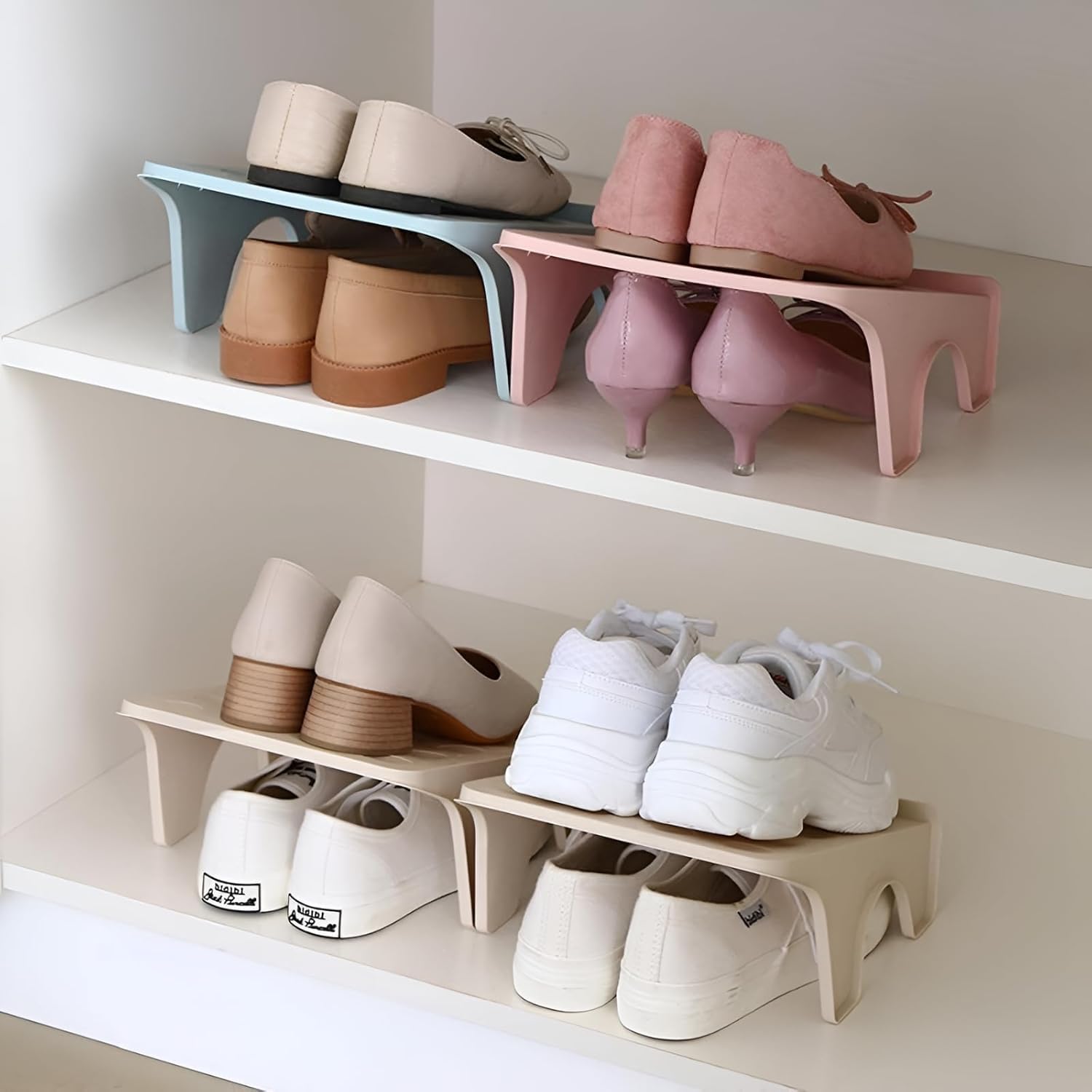 Shoe Organizer for Shoe | Plastic Stacker Slot Space Saver | Double Deck Shoe Holder Adjustable Storage Organiser | Shoe Holder Stand for Wardrobe Storage Slots Organizer (Pack of 4)-image-35