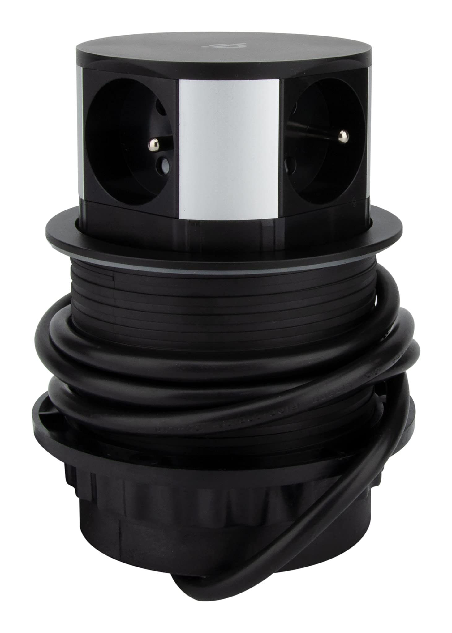 Otio, Steckdosenleiste mit 3 Steckdosen, 16 A + 2 USB-Ports (USB-C) und Induktionsladegerät 10 W – Schwarz – Kabel 1,5 m – Durchmesser Bohrung Ø 10 cm – Höhe aufgeklappt 6 cm – kompaktes und elegantes