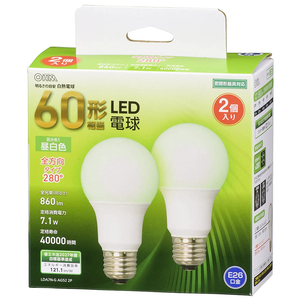 Amazon | オーム(OHM) LED電球 E26 60形相当 昼白色 全方向 2個入