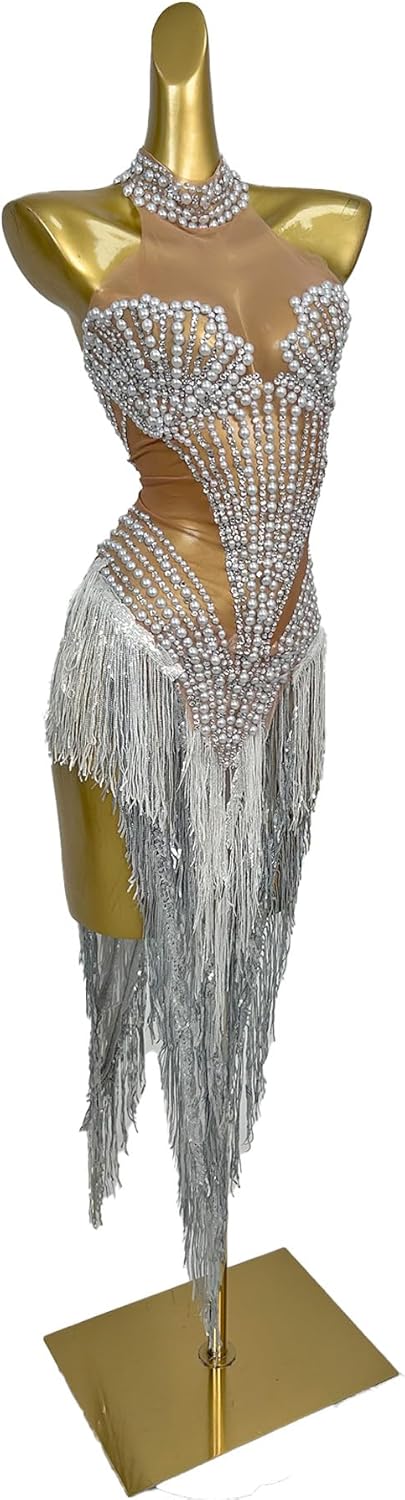 Women Club Sleeveless Prom Dress Pearls Crystals See Through Tassel Dress gig Event Latin Dance Dress
