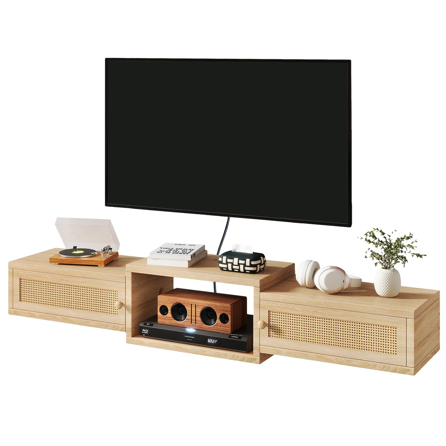 IBUYKE Modern Rattan Floating TV Stand with Doors,Wall Mounted TV Shelf for TVs up to 55 Inches,Media Console Entertainment Center for Under TV Storage Cabinet for Living Room Bedroom,Natural WST015N