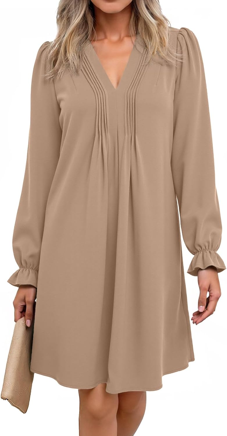 Dokotoo Womens Casual Dress A-Line Ruffle Sleeve V Neck Midi Dress 2025 Fashion Pleated Flowy Sundress Loose Shirt Dresses