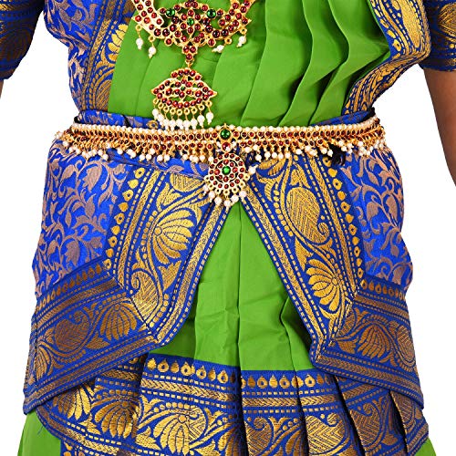 Image of BHARATANATYAMWORLD Bharatnatyam Readymade Blue & Green China Silk for Fancy Dress /Costume Competitions /School Events /Annual Functions