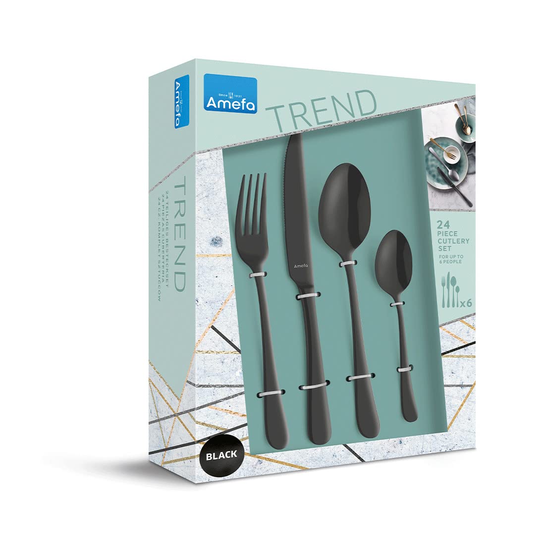 Amefa AUSTIN SCHWARZ | Besteckset 24-teilig | PVD-veredeltes schwarzes Besteck Set | farbigesTafelservice 18/0 Edelstahl rostfrei | Besteck Set 6 Personen | Besteck schwarz spülmaschinenfest