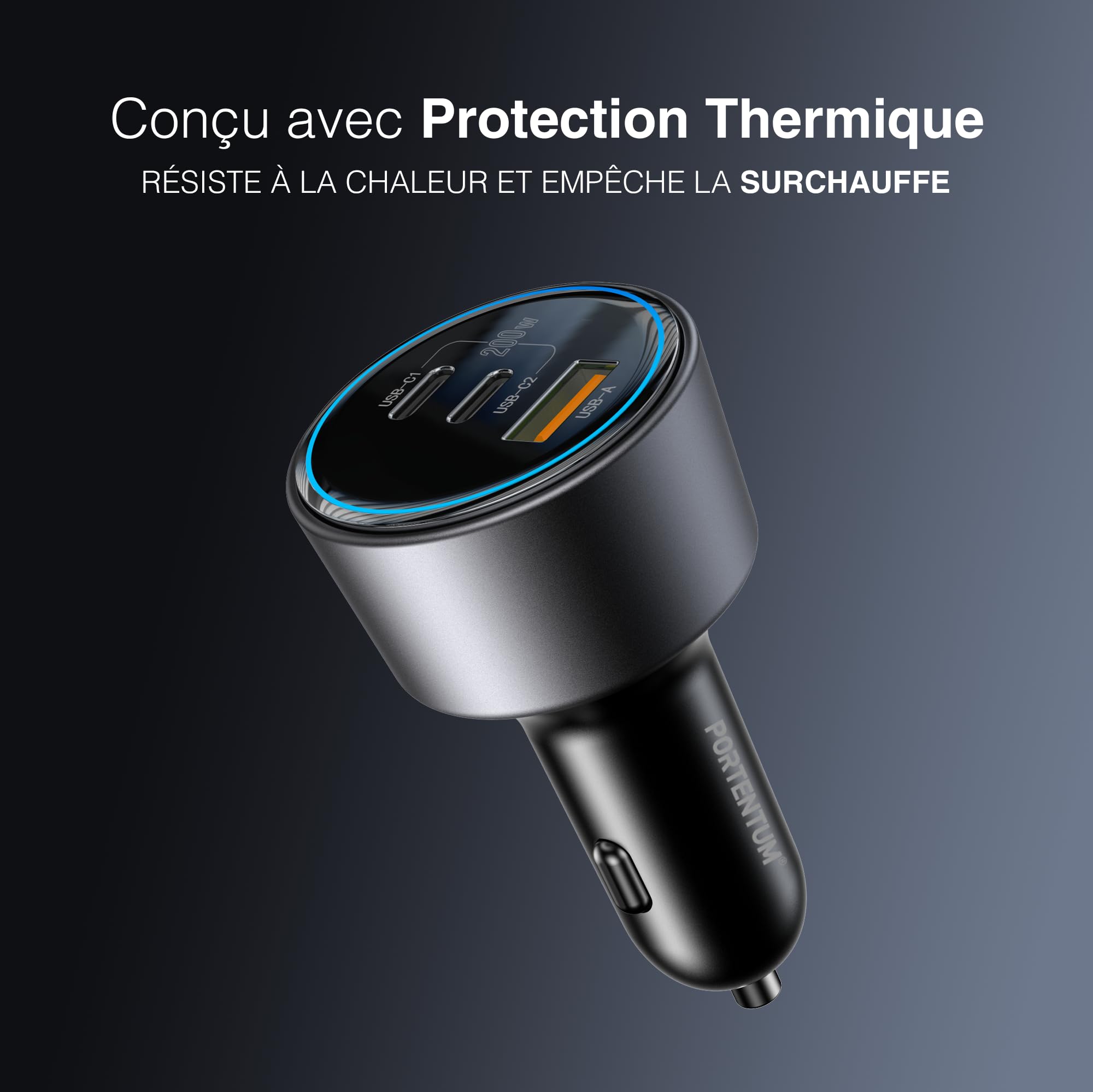 PORTENTUM Charger Allume Cigare USB C 200W Triple – Inclus Câble 100W USB-C – Charger Voiture – 2X USBC PD 100W + USBA QC 18W – Prise Allume Cigare 12V pour iPhone iPad MacBook Android