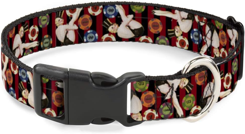 Buckle-Down 13-18" Top Hat Pin Up Girl/Poker Chips Vertical Stripes Red/Black Plastic Clip Collar, Wide Small