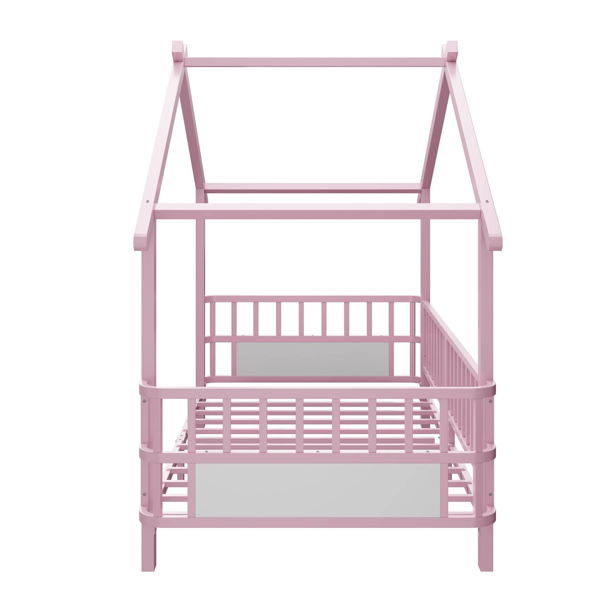 Merax Kinderbett aus Metall in Hausform 90x200 cm mit Sicherheitsgitter & Dachdesign – Rosa (Ohne Matratze)