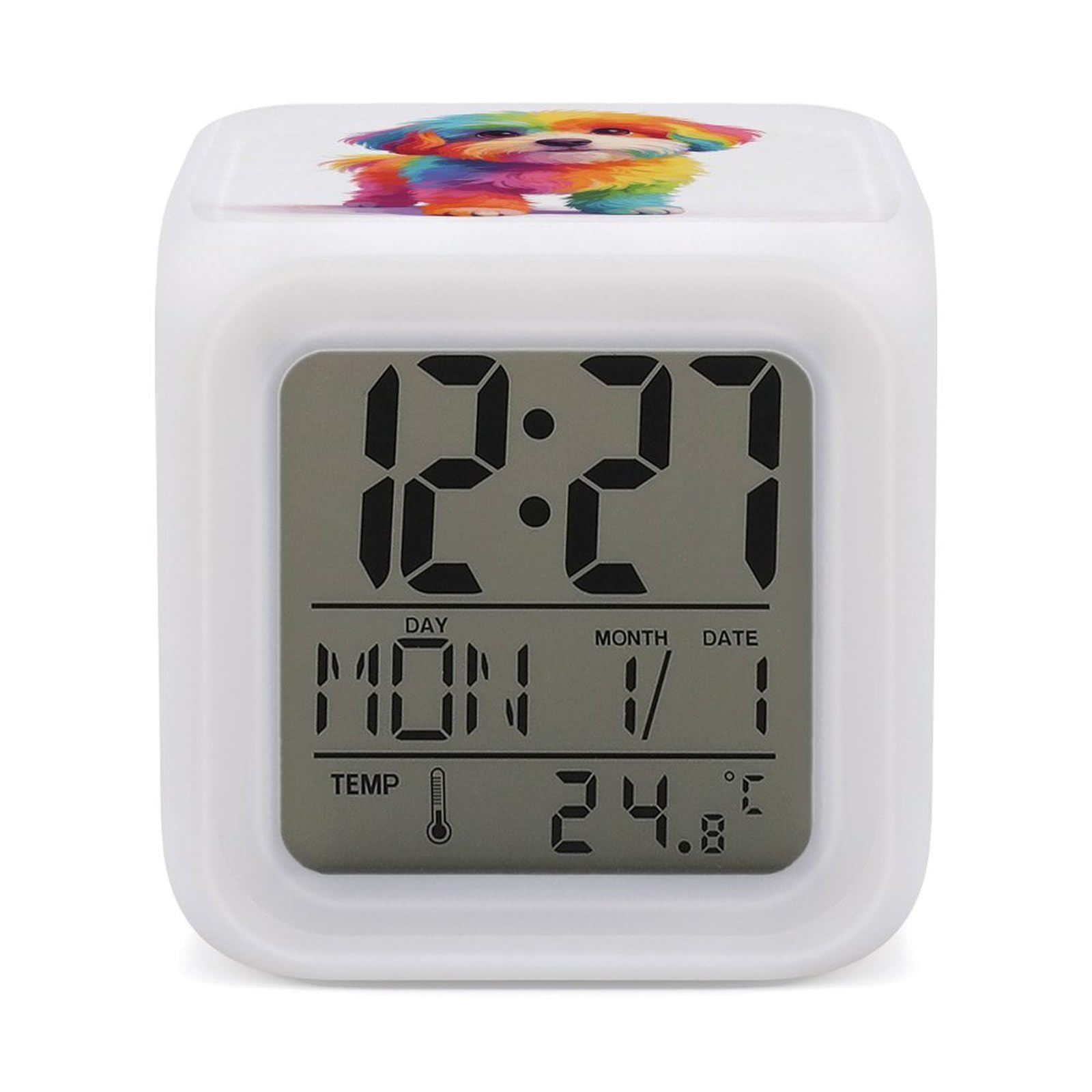 LZQPOEAS Cotton Candy Dog Alarm Clock with 7 Color Changing Nightlight for Bedroom Calendar Temperature Display Wake Up Digital Clock Small Desk Clocks for Heavy Sleepers Adults