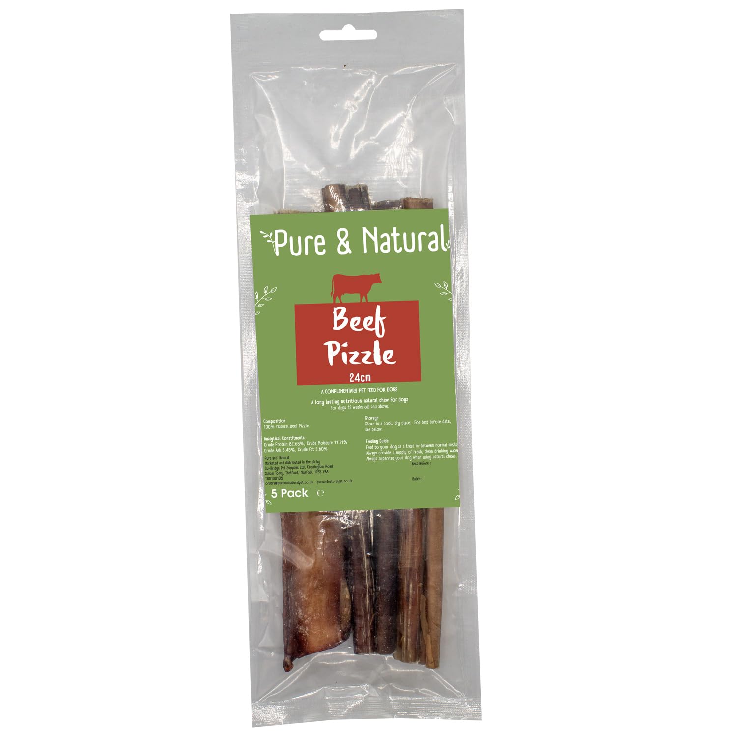 Pure & Natural Bull Pizzle Sticks for Dogs, 24cm (Pack of 5) - Natural Dog Chews & Bully Sticks, Hypoallergenic & Low-Fat Dog Treat