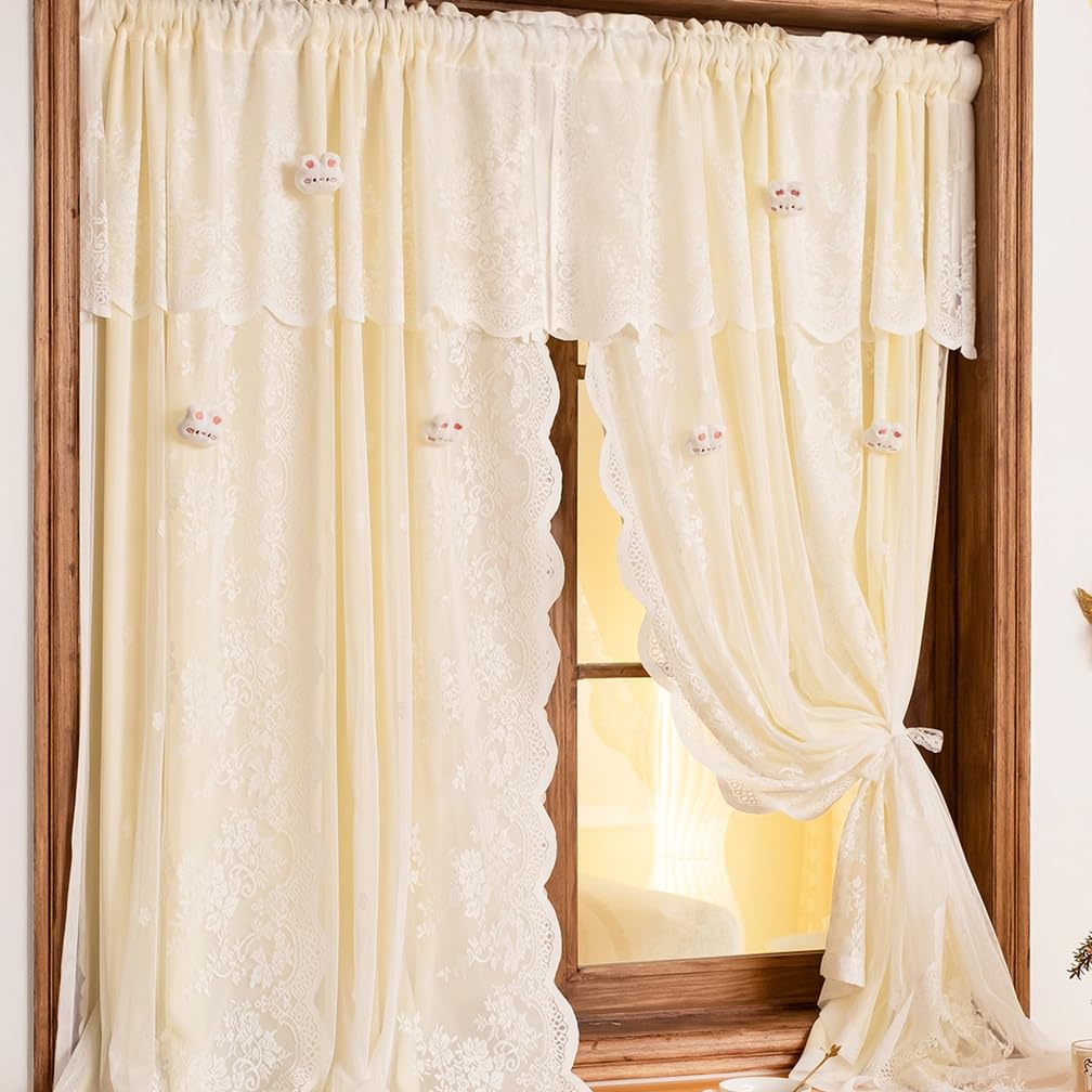 Voilages À Double Couche Beige avec Dessus en Dentelle,Léger Panneaux De Rideaux La Lumière pour La Intimité Lavés pour Chambre Salon Café Ferme,Paste,79" W x 106" L