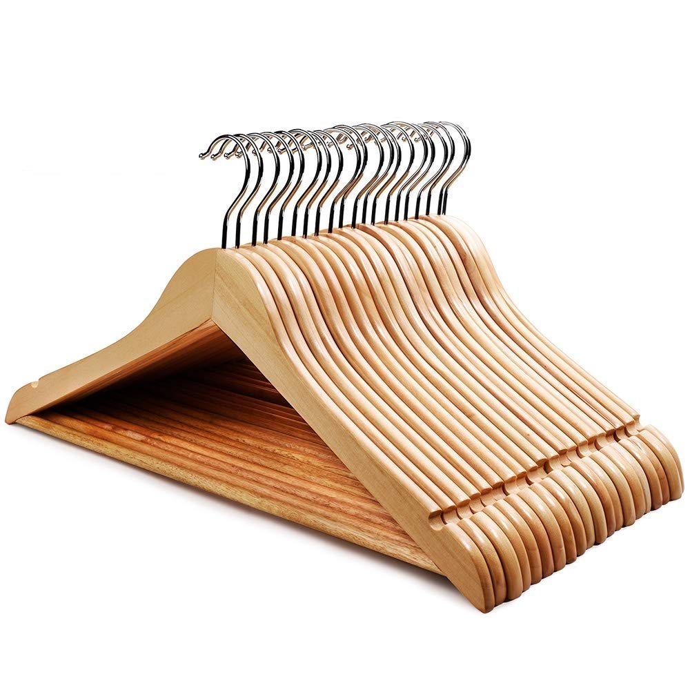 premium solid wooden hangers for clothes - natural wood heavy duty suit hangers with 360° swivel chrome hook, pant bar & shoulder notches for coats, jackets, shirts, trousers (pack of [6])