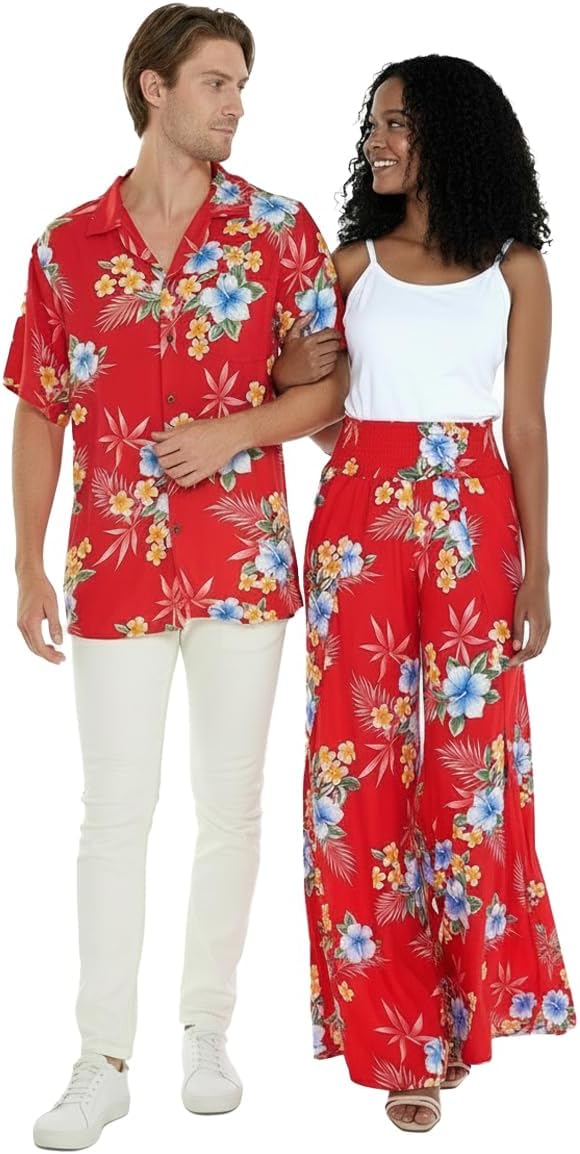 Matchable Couple Hawaiian Luau Shirt or Wide Legged Pants in Hibiscus Red