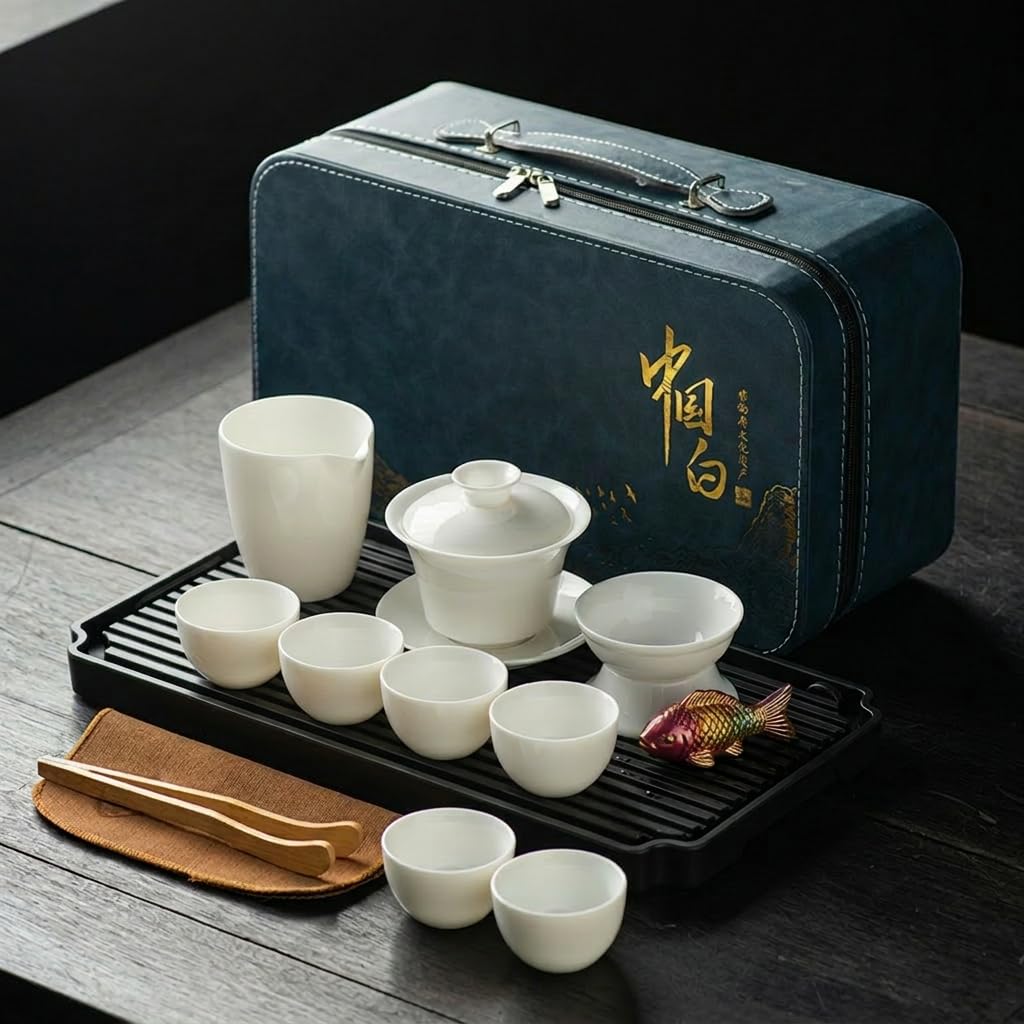 Portable Gongfu Tea Set with Color-Changing Tea Pet, 14-Piece Complete Tea Ceremony Kit for Home, Office, Travel &amp; Camping, Porcelain Teapot, 6 Cups &amp; Travel Bag, Ideal Gift (WHITE TEA SET)