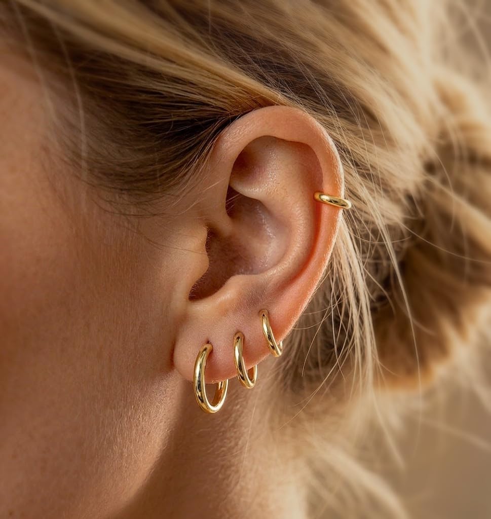 Gokeey Small Gold Huggie Hoop Earrings Set for Women Men, Hypoallergenic 14K Gold Plated Hoop Earring Cartilage Earrings Stack Sets for Multiple Piercing Jewelry Cute Mini Tiny Lightweight Earrings for Sensitive Ears Everyday