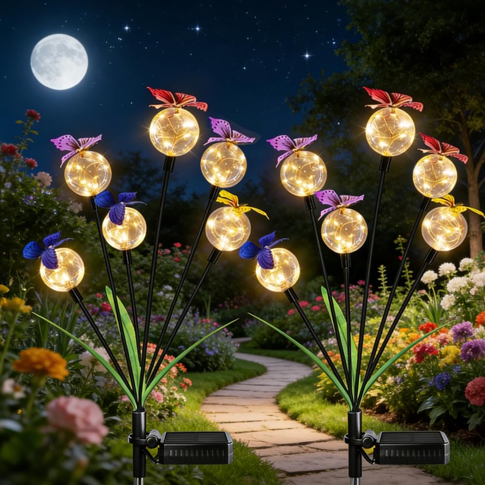 KUWUNG 2 Pack Butterfly Solar Swaying Lights, Firefly Solar Lights Outdoor, IP65 Waterproof, Solar Path Lights for Path Fence Yard Patio Pathway(Warm White)