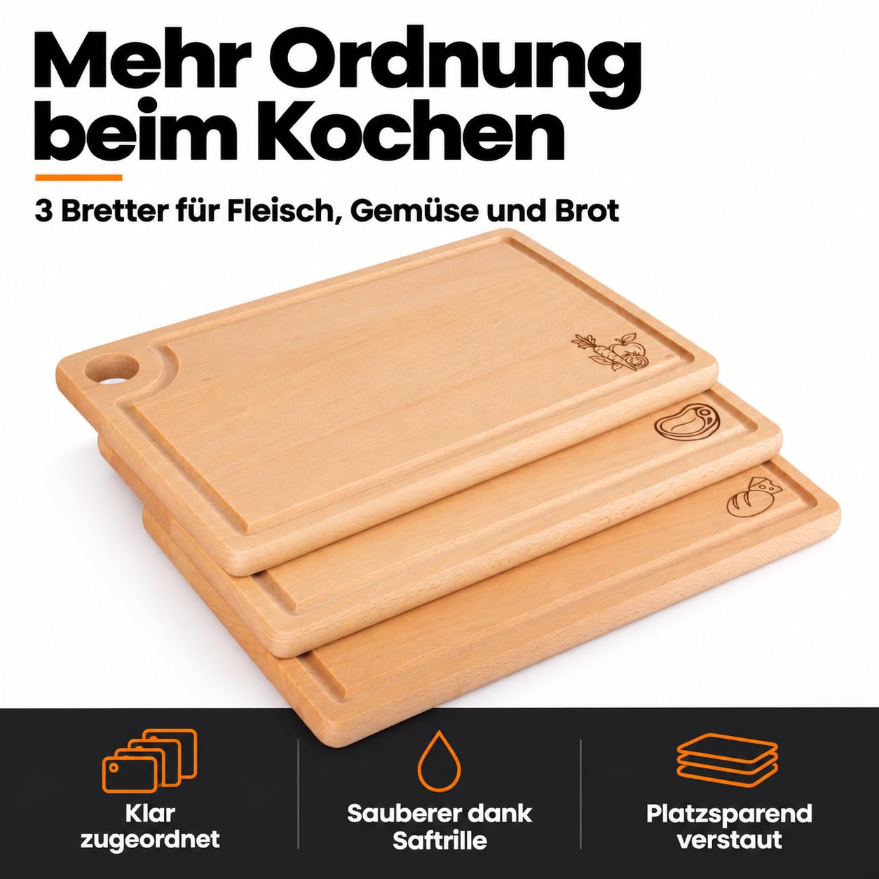 3er Schneidebrett-Set aus Buchenholz 32 x 20 cm mit Saftrille