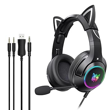 Layfoxz K9 3.5mm Wired Gaming Headset Removable Cat Ears Headphones Noise Canceling E-Sports Earphone with Microphone RGB LED Light Volume Control Mute Mic for PS4 PC Laptop Smart Phone,Black