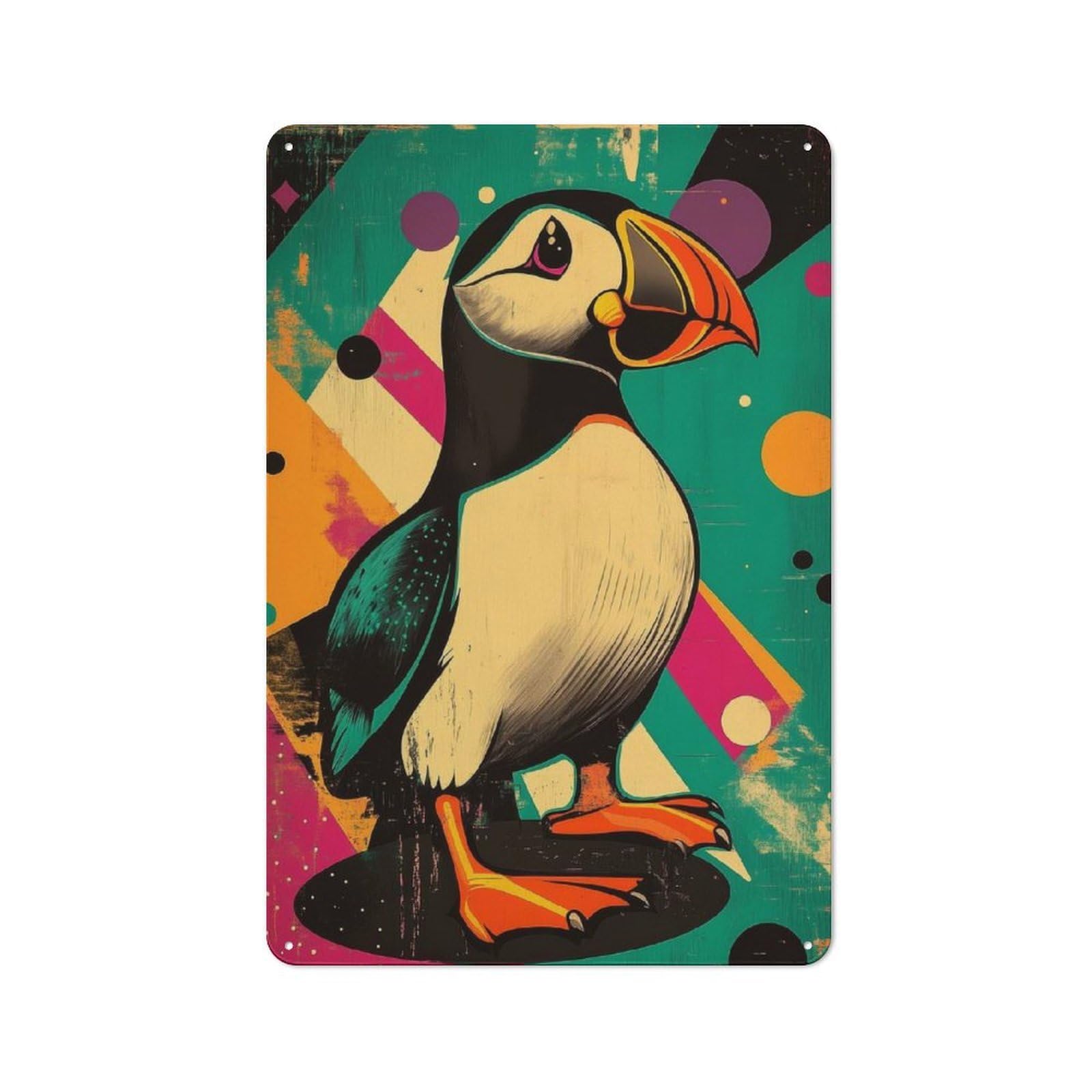 Junmoney Retro Puffin Illustration Vibrant Puffin Pop Art Rustic Metal Sign 30X20cm For Lounge Or Reading Corner, For Reading Corner Decorators