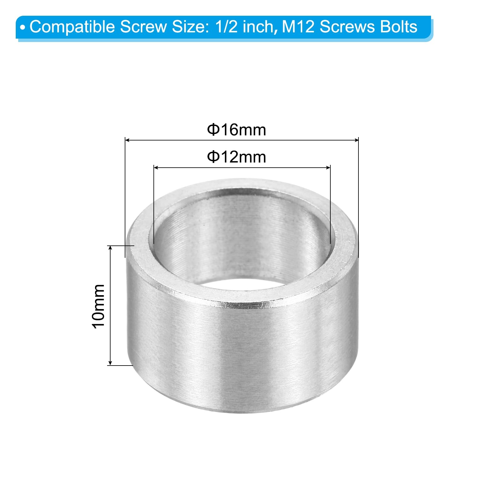 PATIKIL M12 Stainless Steel Spacers, 12Pcs Metal Spacer 12mm ID x 16mm OD x 10mm L Screw Standoff for 1/2" or M12 Screw - Image 2