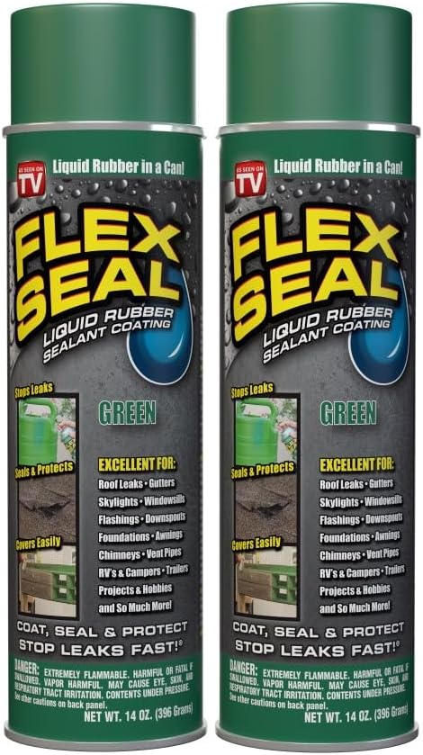 14 oz, 2-Pack, Green, Stop Leaks Instantly, Waterproof Rubber Spray On Sealant Coating, Perfect for Gutters, Wood, RV, Campers, Roof Repair, Skylights, Windows, and More