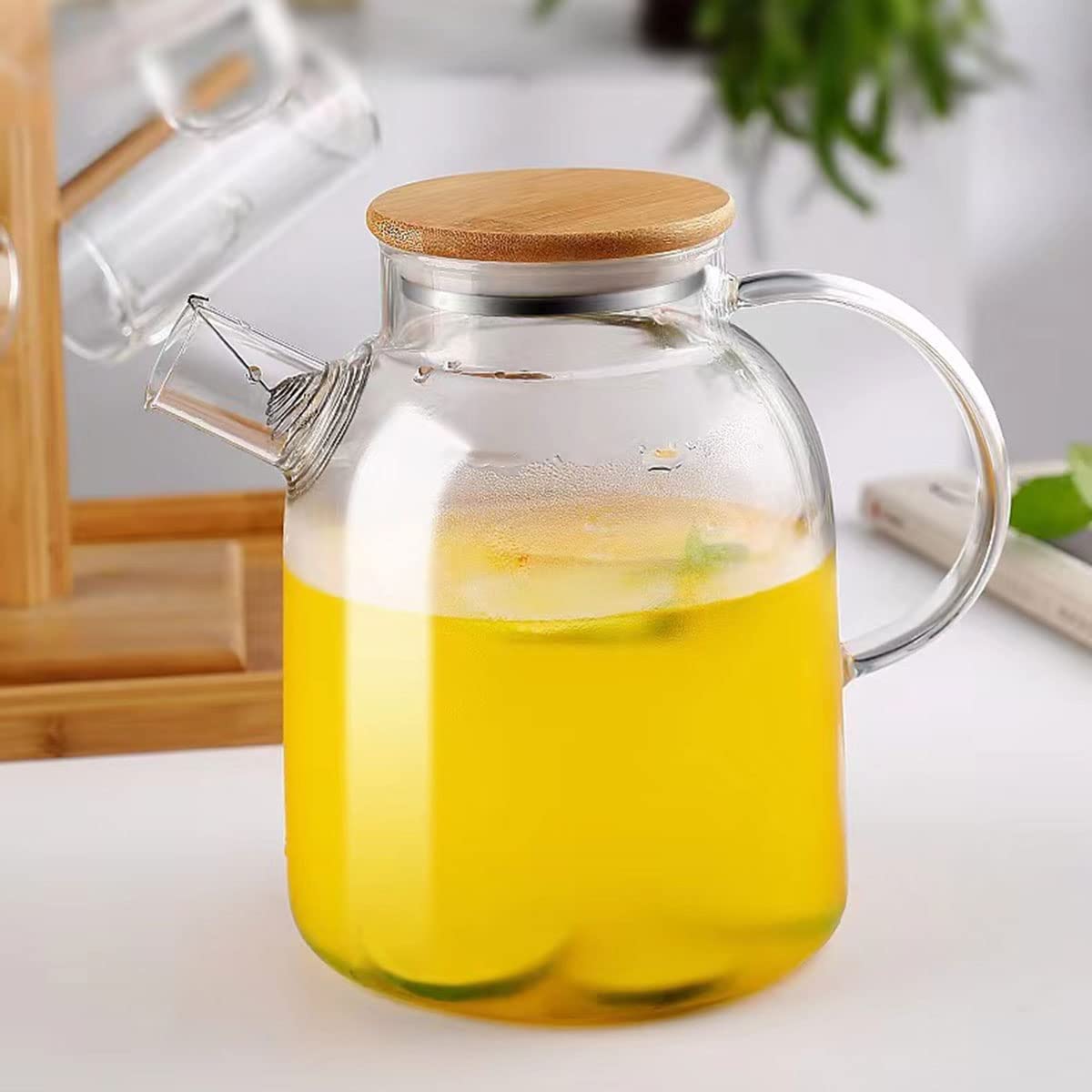 Théière en verre borosilicate 1,6 L avec filtre métal et couvercle bambou