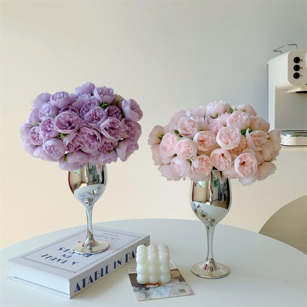 Flores artificiales con jarrón de flores de seda, ramo de peonías artificiales, flores artificiales para comedor, decoración del hogar, cocina, boda, fiesta, oficina, 2 ramo+jarrón, rosa claro