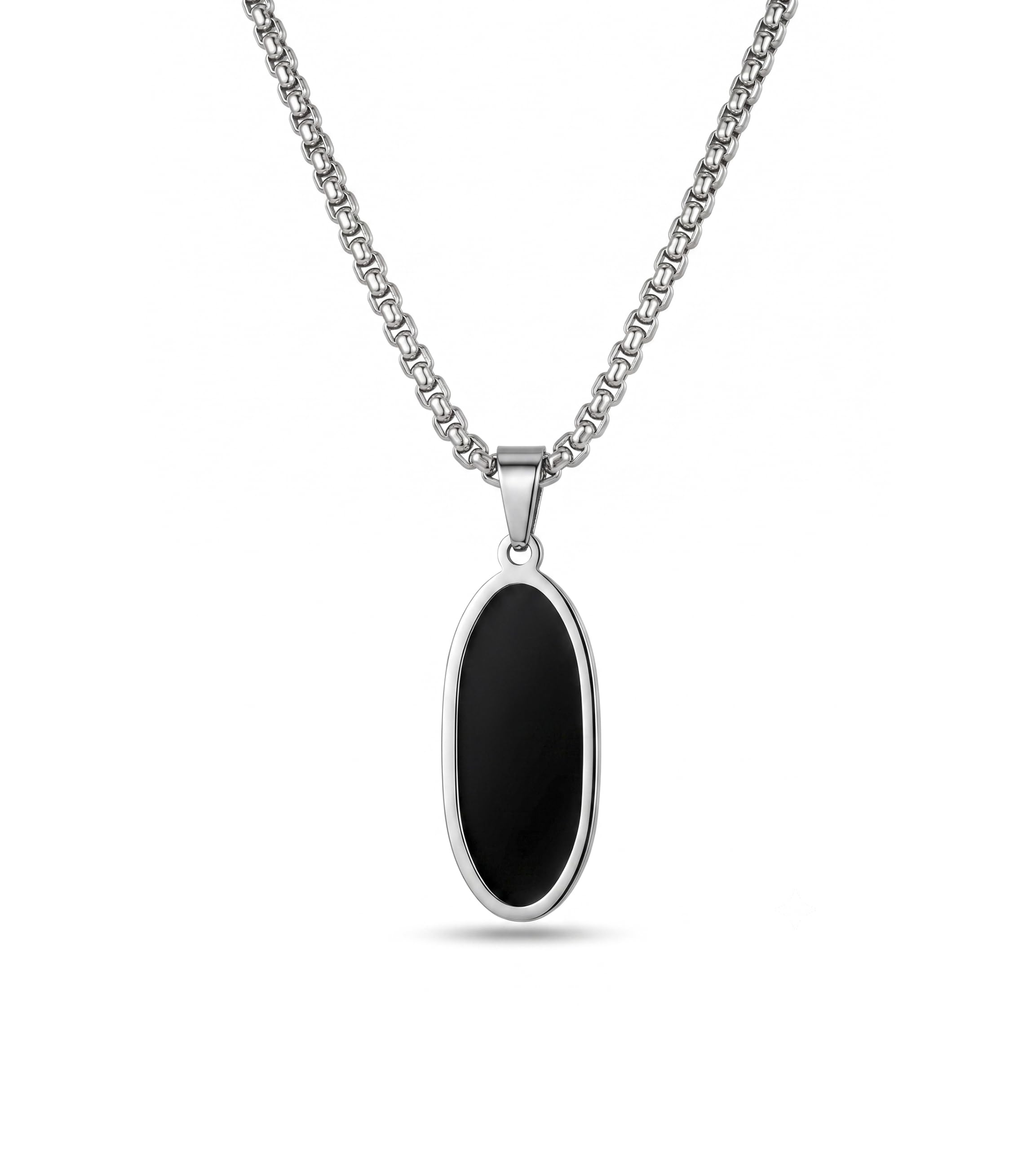 Men's Stainless Steel Black Trendy Pendant Necklace with Black Enamel Center on Heavy Silver-Tone Pure Box Chain-image-29