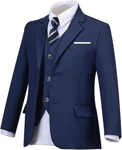 Miniatura 5 de Trajes formales Silm Fit para niño de 5 piezas con camisa y chaleco, azul marino, 5 piezas (corbata a cuadros marinos), 8, Azul marino 5 piezas