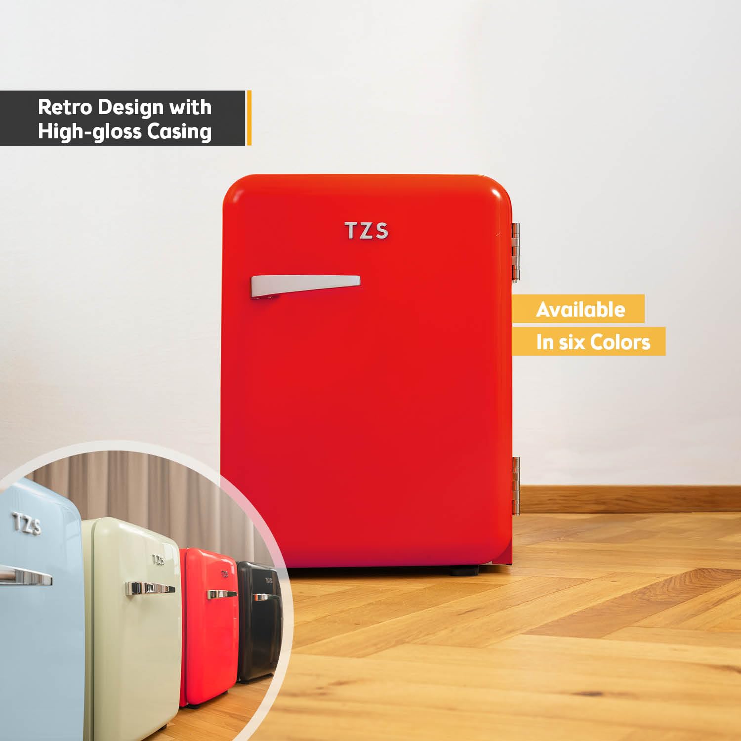 TZS First Austria - Retro Mini Fridge 40L Silent - Small mini fridge in vintage design with interior lighting & 2 door compartments - Minibar for camping, office, bedroom & hotel - red — view 6