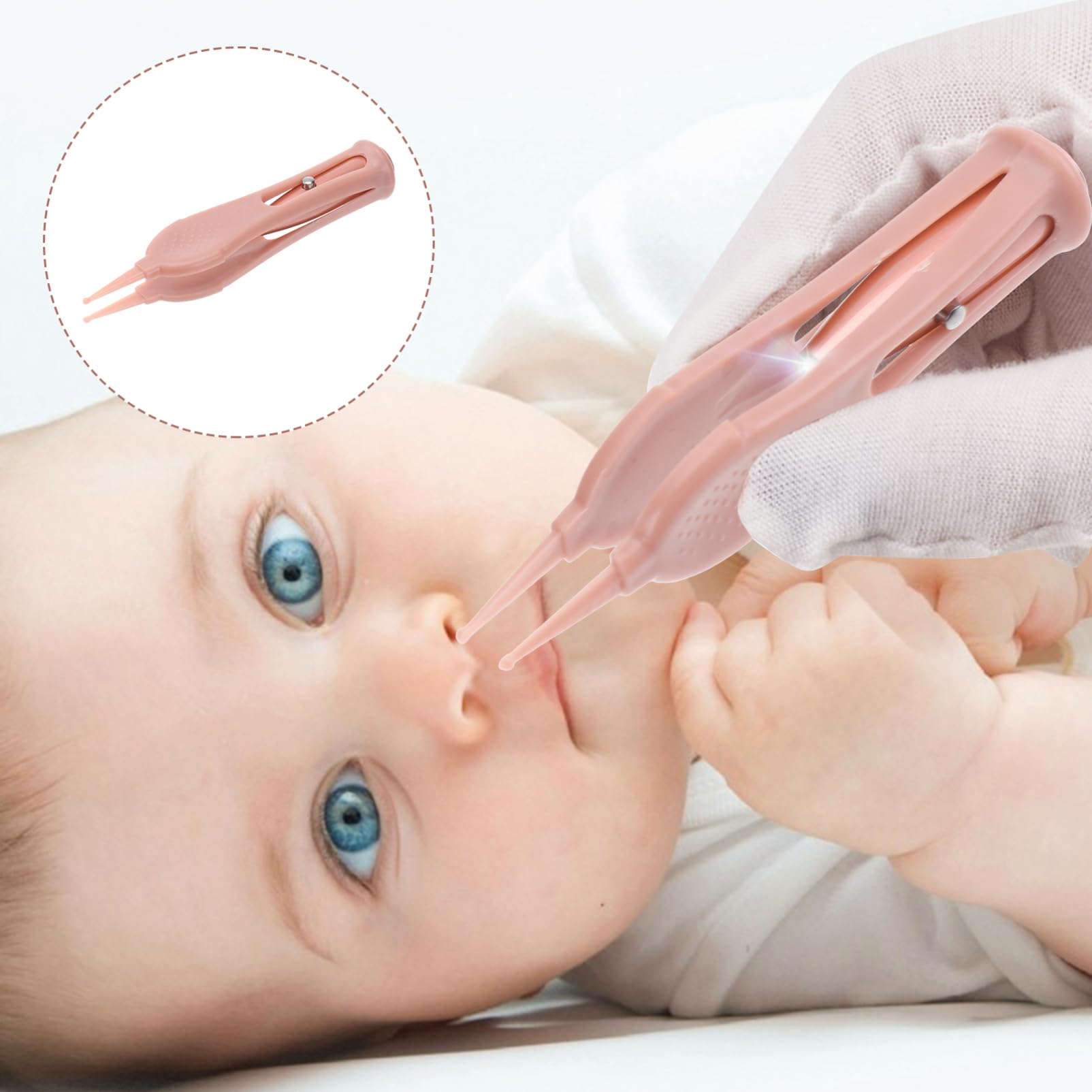 NOLITOY Pince à Épiler pour Bébé Éclairage Led, Acier Inoxydable et Silicone, Poignée Antidérapante, Nettoyage Nez, Oreilles, Nombril, Yeux, Usage Infantile, Pince de Nettoyage Rose