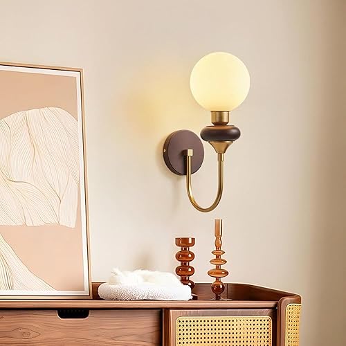 Miniatura 4 de Nordic Mid Century Wall Sconce Industrial Farmhouse Vintage Wood Wall Light with Globe Milk Glass Shade for Bedroom Living Room E26E27 Base