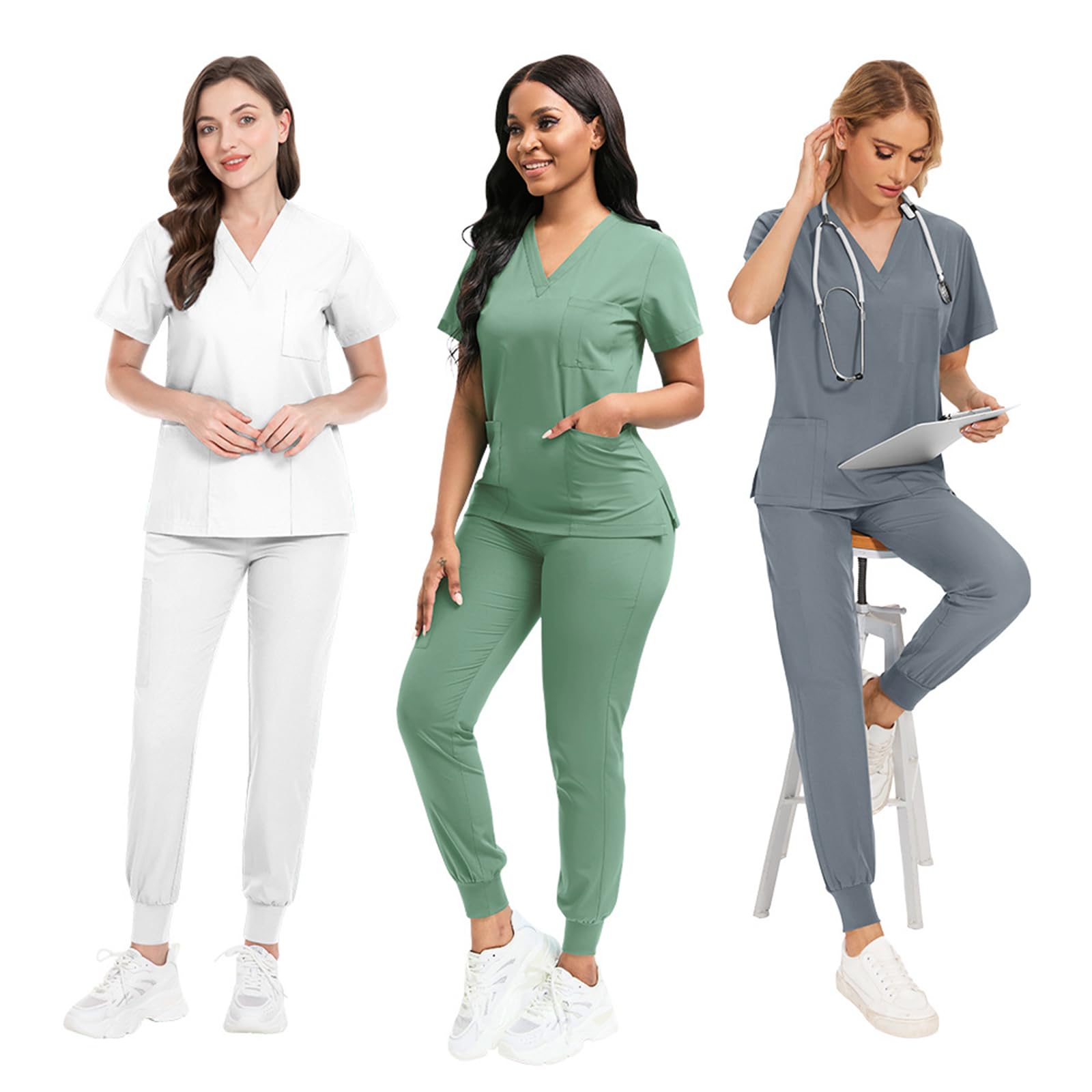 Divisa Sanitaria Donna, Uniforme Sanitaria Set con Casacca e Pantalone Scollo a v Maniche Corte per Infermieri Medici Chirurghi Terapisti Dentisti