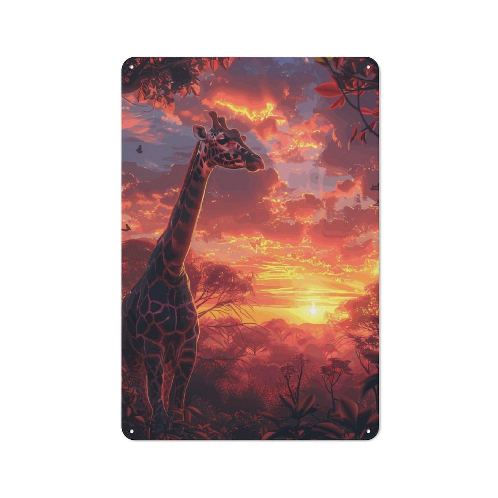 Junmoney Giraffe Savanna Sunset Vintage Tin Sign 30X20cm With For Hobby Room Or Studio, For Metal Sign Collectors, For Garage And Workshop Walls