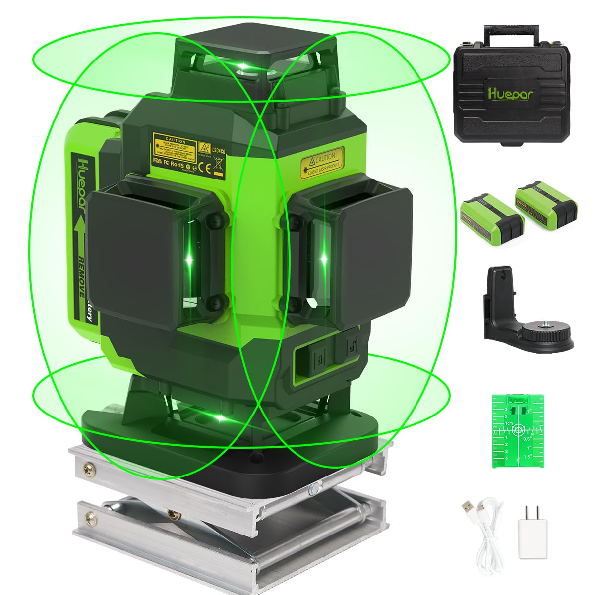Huepar 4x360 Laser Level Self-Leveling 16 Lines 4D Green Lazer Level Cross Lines Tiling Floor Laser Tool-2 x 360 Horizontal & 2 x 360 Vertical Lazer Lines with Two Li-ion Batteries and Hard Carry Case