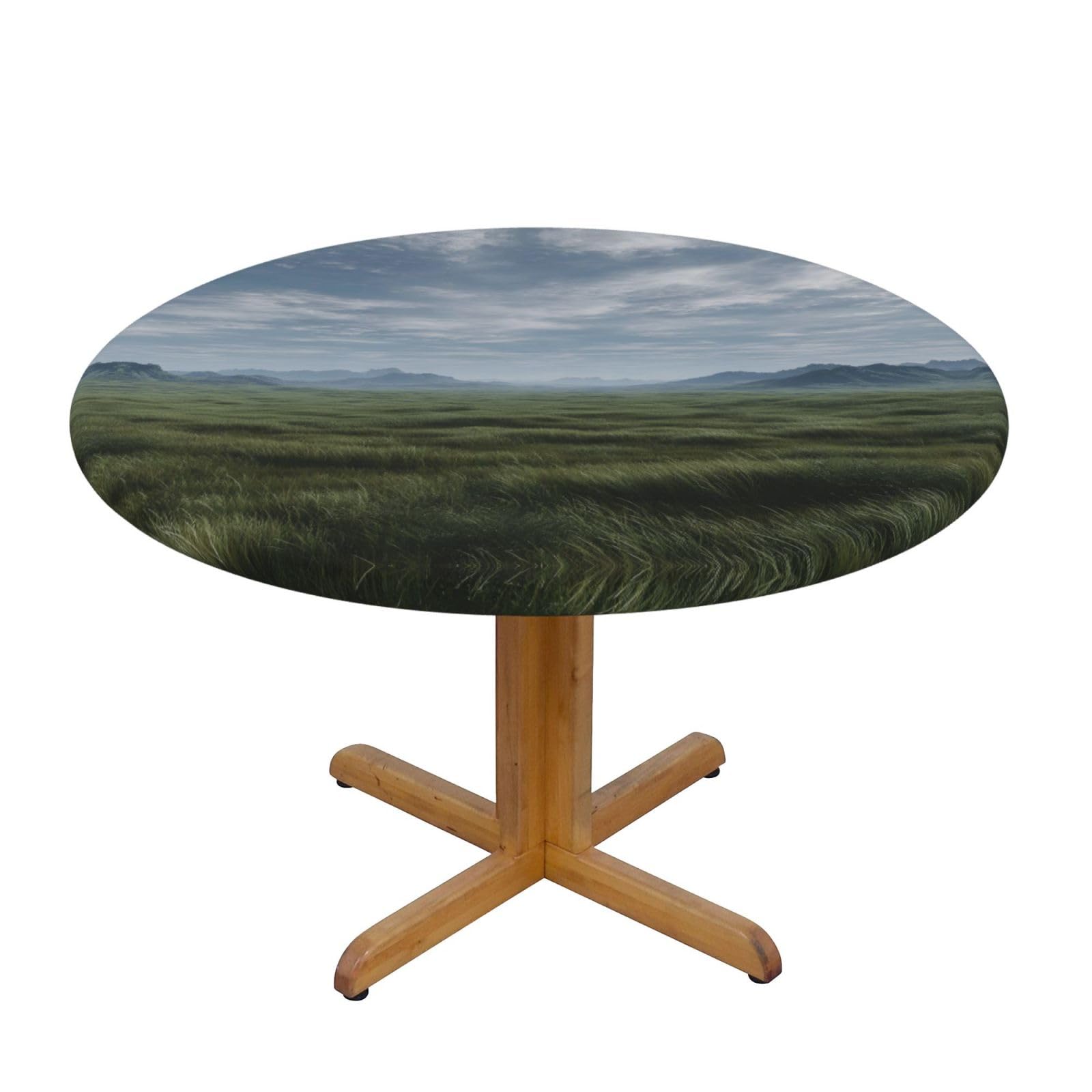 ESNAIUVCD Vast Grassland expanse print Waterproof Round Tablecloth,Outdoor Table Cloth with Elastic Edged, Elastic Tablecloth Wipeable, Garden Table Cloth Suitable for sizes 90cm-140cm