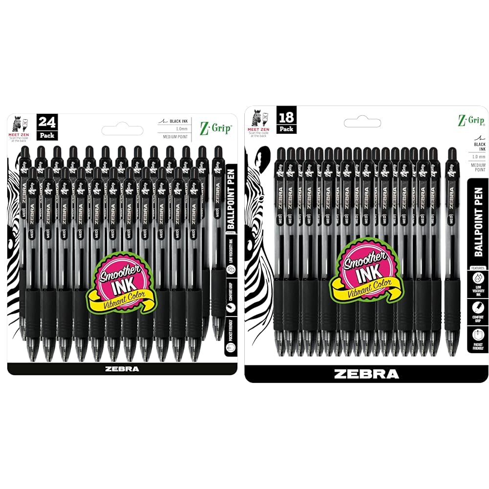 Zebra Z-Grip Retractable Ballpoint Pen Pack Of 24 Pens, 1.0mm Medium Point, Black Ink And 18-Pack Of 1.0mm Medium Point Black Ink Pens